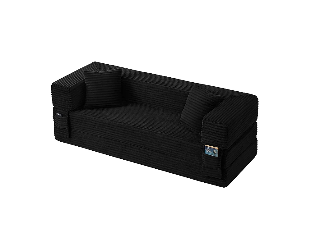 Canapé convertible 3 places en velours côtelé, Canapé lit avec poches latérales et 2 coussins, design carré classique, pour salon, chambre, Noir