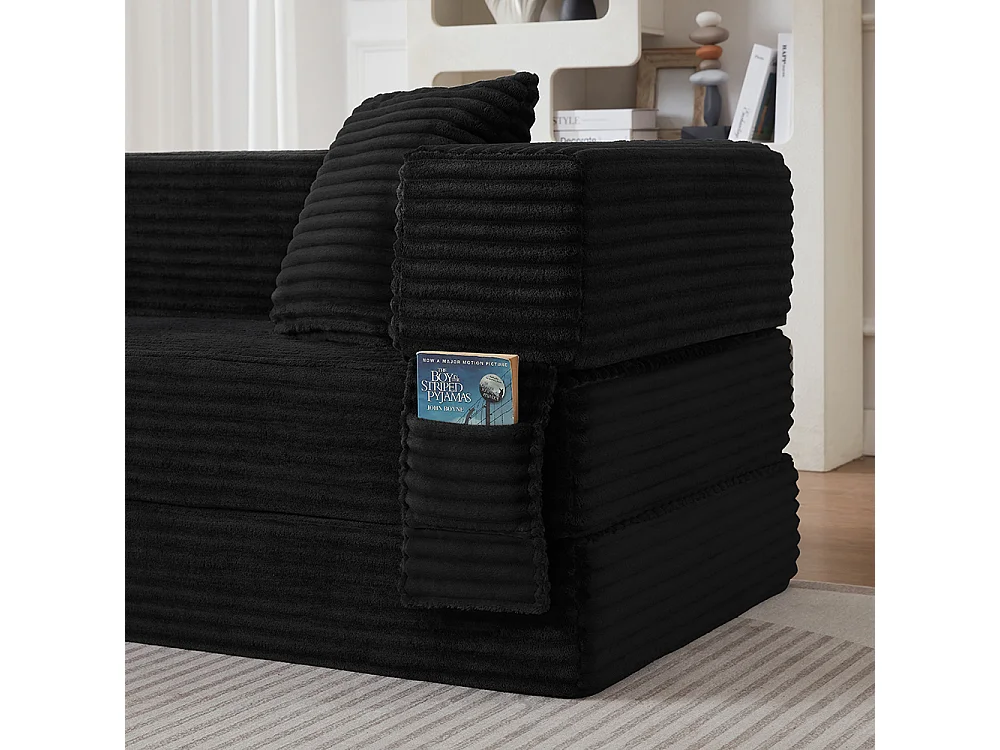 Canapé convertible 3 places en velours côtelé, Canapé lit avec poches latérales et 2 coussins, design carré classique, pour salon, chambre, Noir