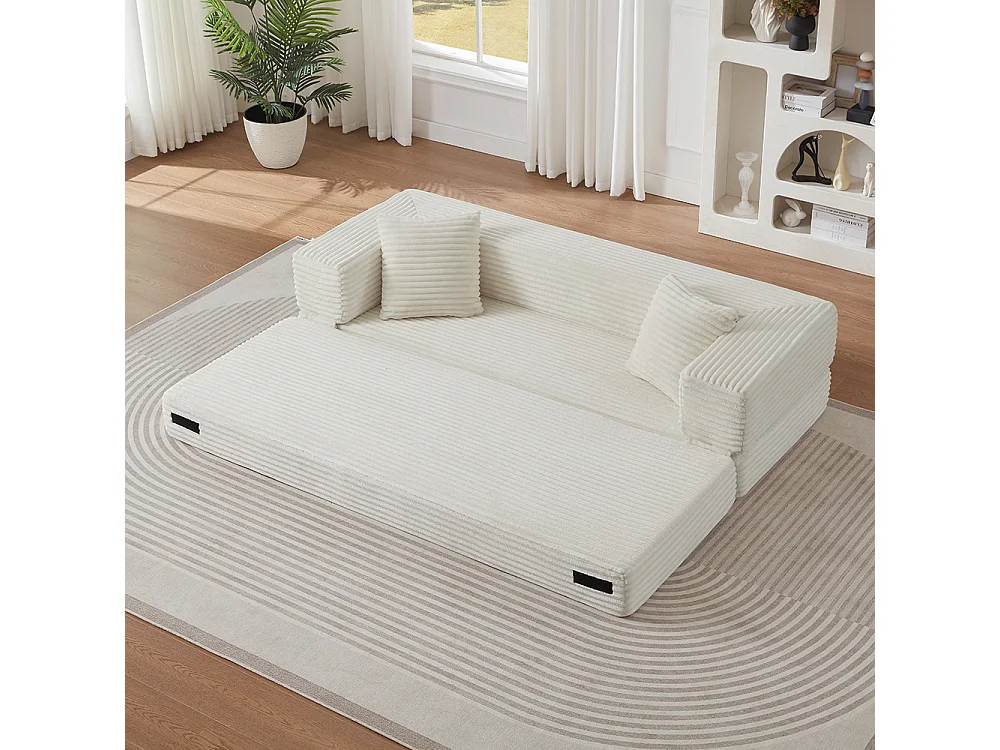 Canapé convertible 3 places en velours côtelé, Canapé lit avec poches latérales et 2 coussins, design carré classique, pour salon, chambre, Blanc