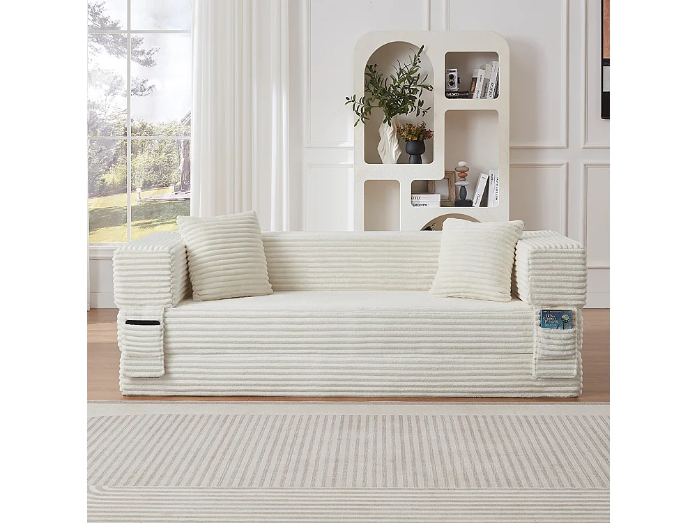 Canapé convertible 3 places en velours côtelé, Canapé lit avec poches latérales et 2 coussins, design carré classique, pour salon, chambre, Blanc