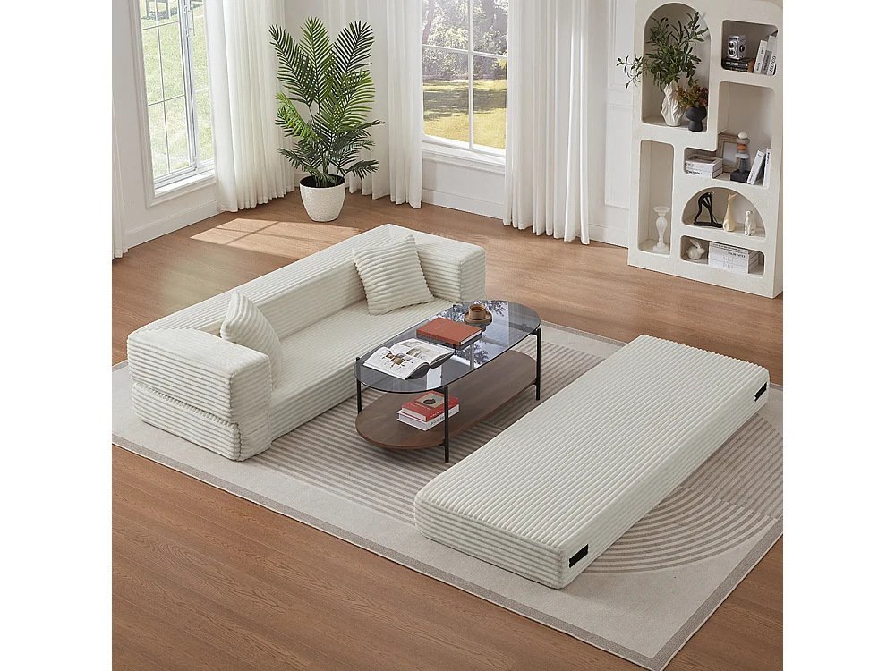 Canapé convertible 3 places en velours côtelé, Canapé lit avec poches latérales et 2 coussins, design carré classique, pour salon, chambre, Blanc