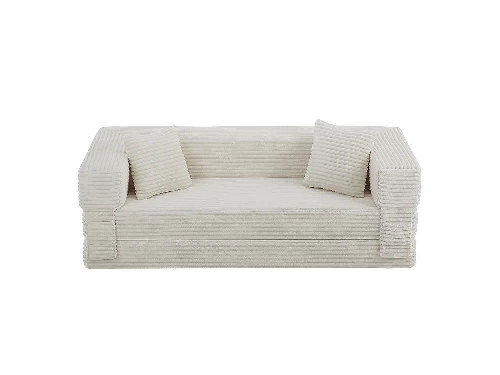 Canapé convertible 3 places en velours côtelé, Canapé lit avec poches latérales et 2 coussins, design carré classique, pour salon, chambre, Blanc