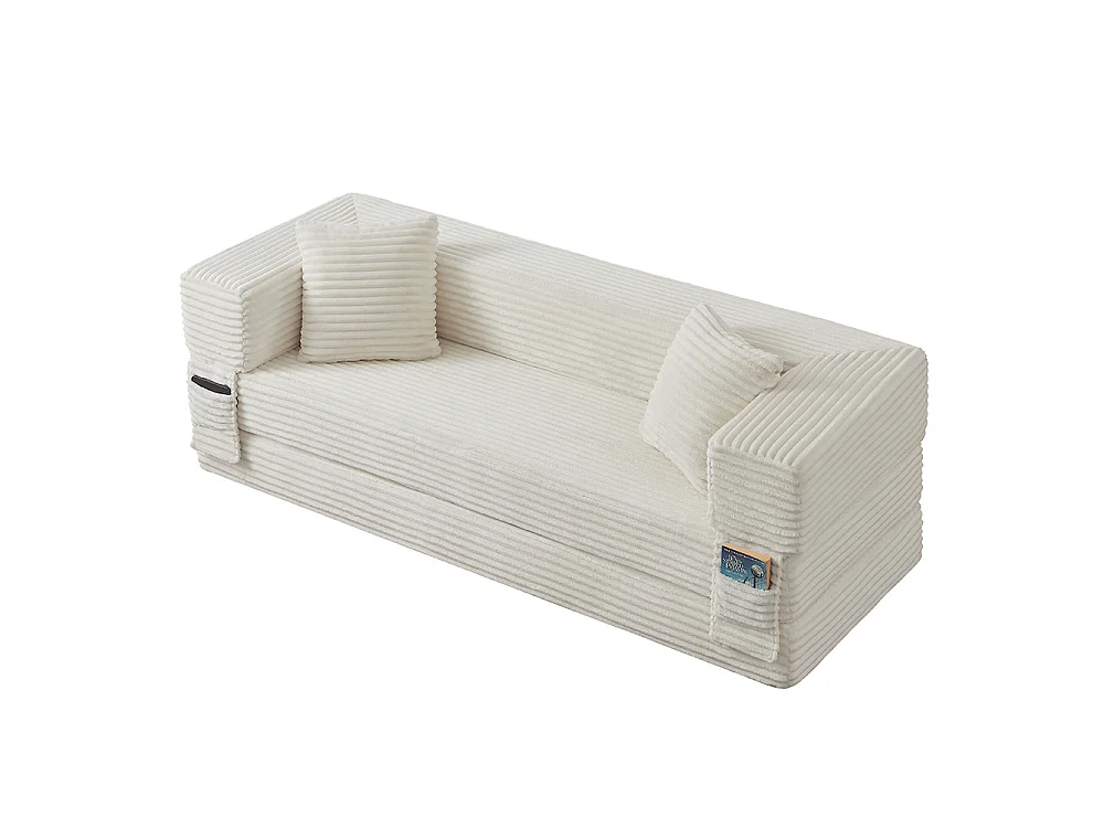 Canapé convertible 3 places en velours côtelé, Canapé lit avec poches latérales et 2 coussins, design carré classique, pour salon, chambre, Blanc