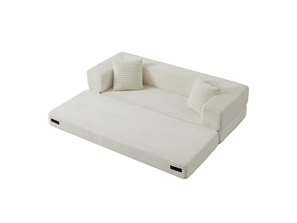 Canapé convertible 3 places en velours côtelé, Canapé lit avec poches latérales et 2 coussins, design carré classique, pour salon, chambre, Blanc