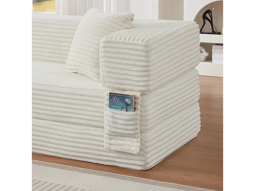 Canapé convertible 3 places en velours côtelé, Canapé lit avec poches latérales et 2 coussins, design carré classique, pour salon, chambre, Blanc
