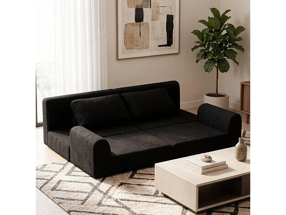Canapé convertible 2 places avec coussin, Canapé-lit avec accoudoirs, Fauteuil convertible, Tissu flanelle, pour salon et chambre à coucher, Noir