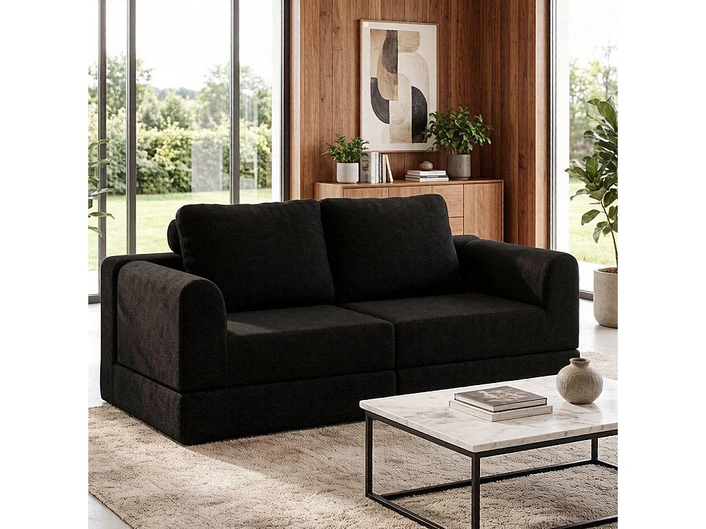 Canapé convertible 2 places avec coussin, Canapé-lit avec accoudoirs, Fauteuil convertible, Tissu flanelle, pour salon et chambre à coucher, Noir