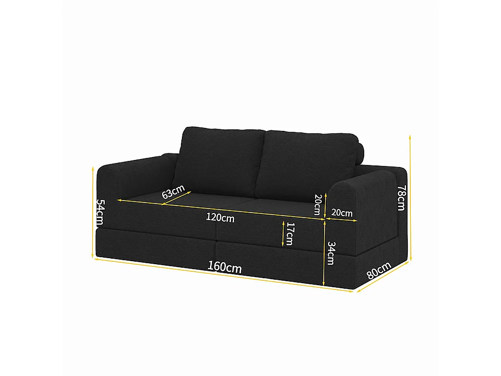 Canapé convertible 2 places avec coussin, Canapé-lit avec accoudoirs, Fauteuil convertible, Tissu flanelle, pour salon et chambre à coucher, Noir