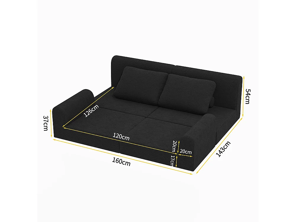 Canapé convertible 2 places avec coussin, Canapé-lit avec accoudoirs, Fauteuil convertible, Tissu flanelle, pour salon et chambre à coucher, Noir