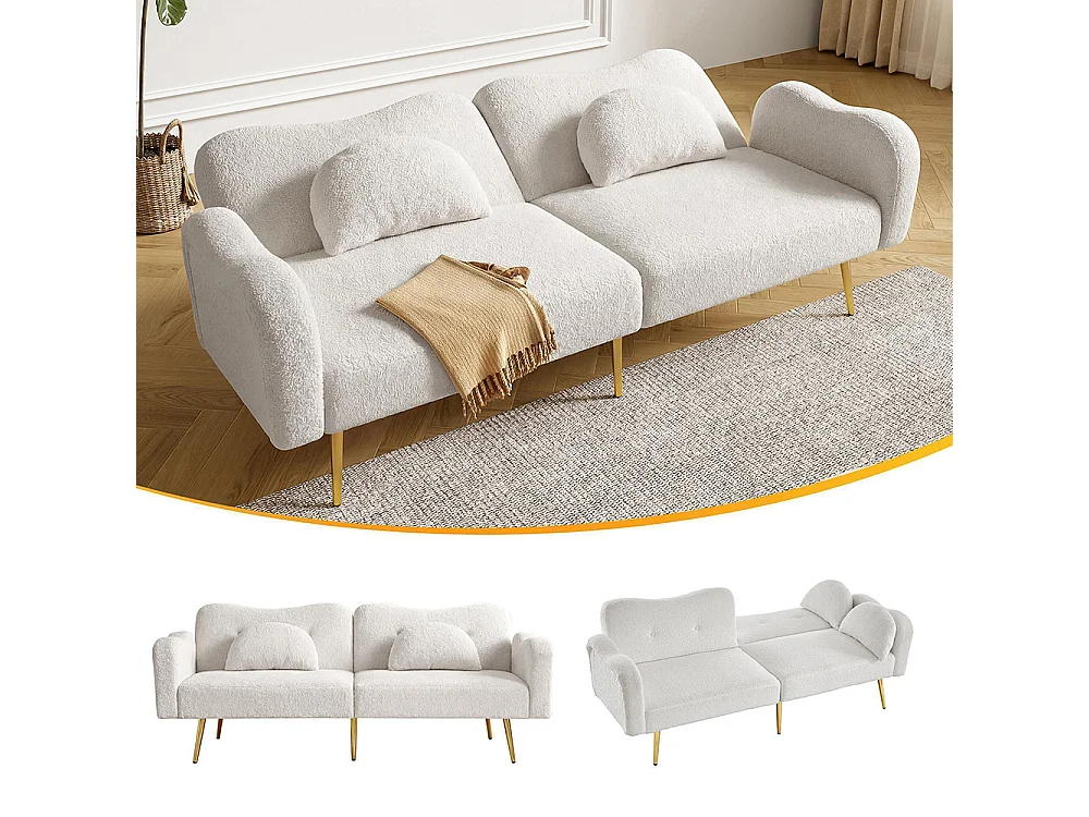 Canapé-lit deux places - dossier réglable - pieds en métal doré - coussin inclus - fonction lit intégrée - Blanc
