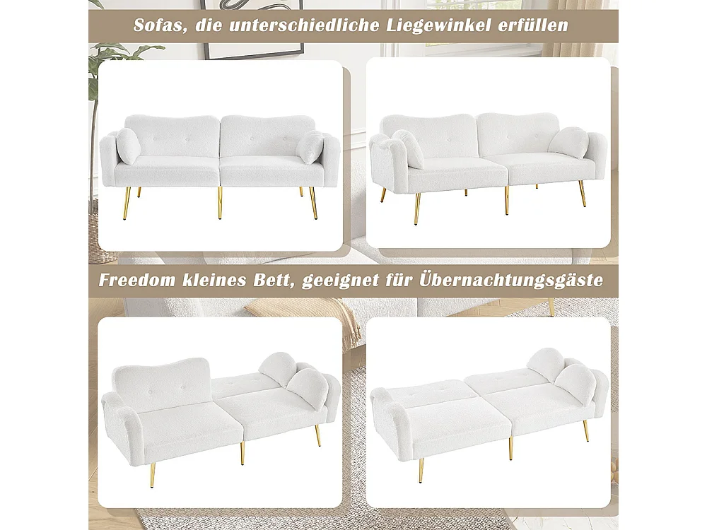 Canapé-lit deux places - dossier réglable - pieds en métal doré - coussin inclus - fonction lit intégrée - Blanc
