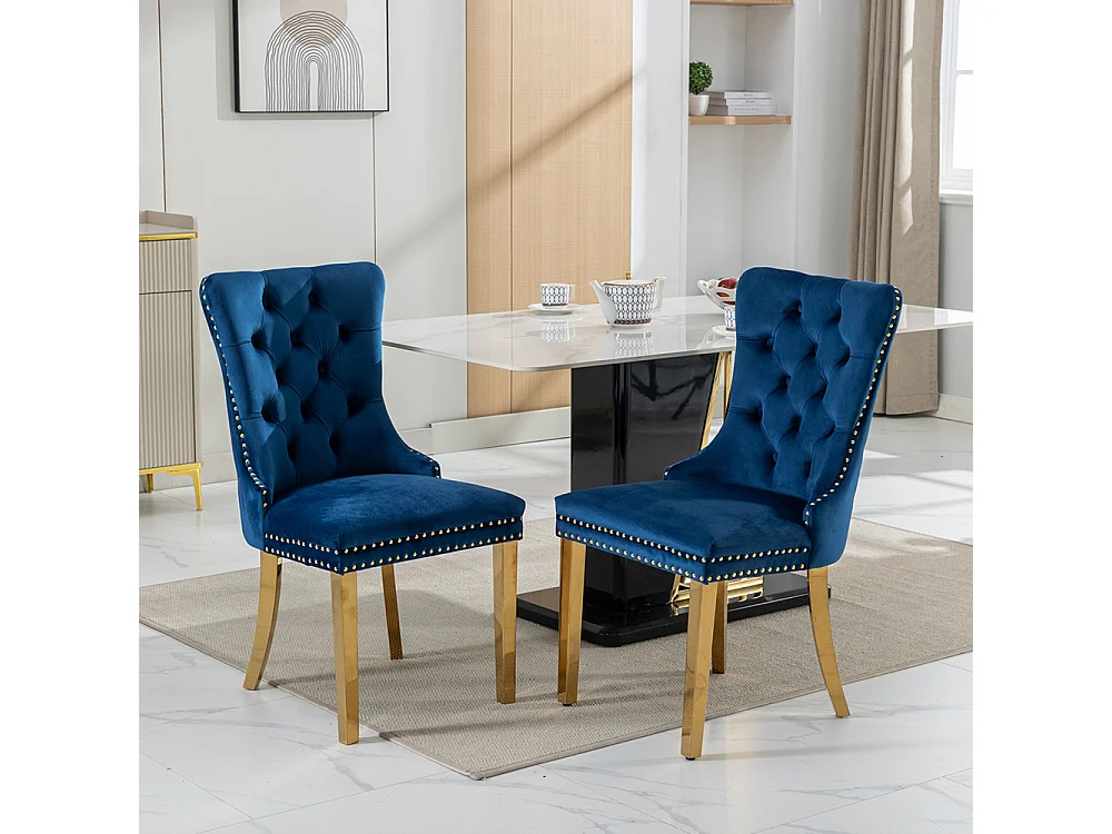 Lot de 2 Chaises de Salle à Manger, Chaise de Cuisine, Dossier à Ailes, Pieds en métal doré, Rembourrée, Bleu velours