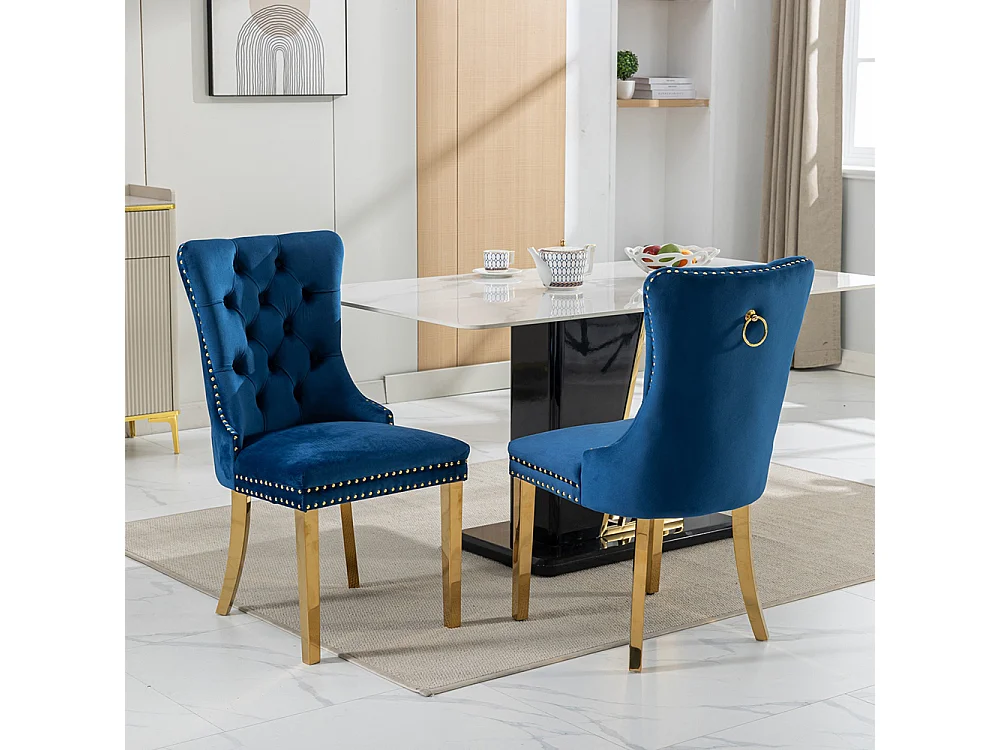 Lot de 2 Chaises de Salle à Manger, Chaise de Cuisine, Dossier à Ailes, Pieds en métal doré, Rembourrée, Bleu velours