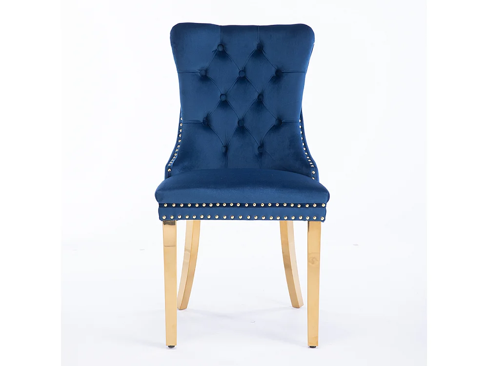 Lot de 2 Chaises de Salle à Manger, Chaise de Cuisine, Dossier à Ailes, Pieds en métal doré, Rembourrée, Bleu velours