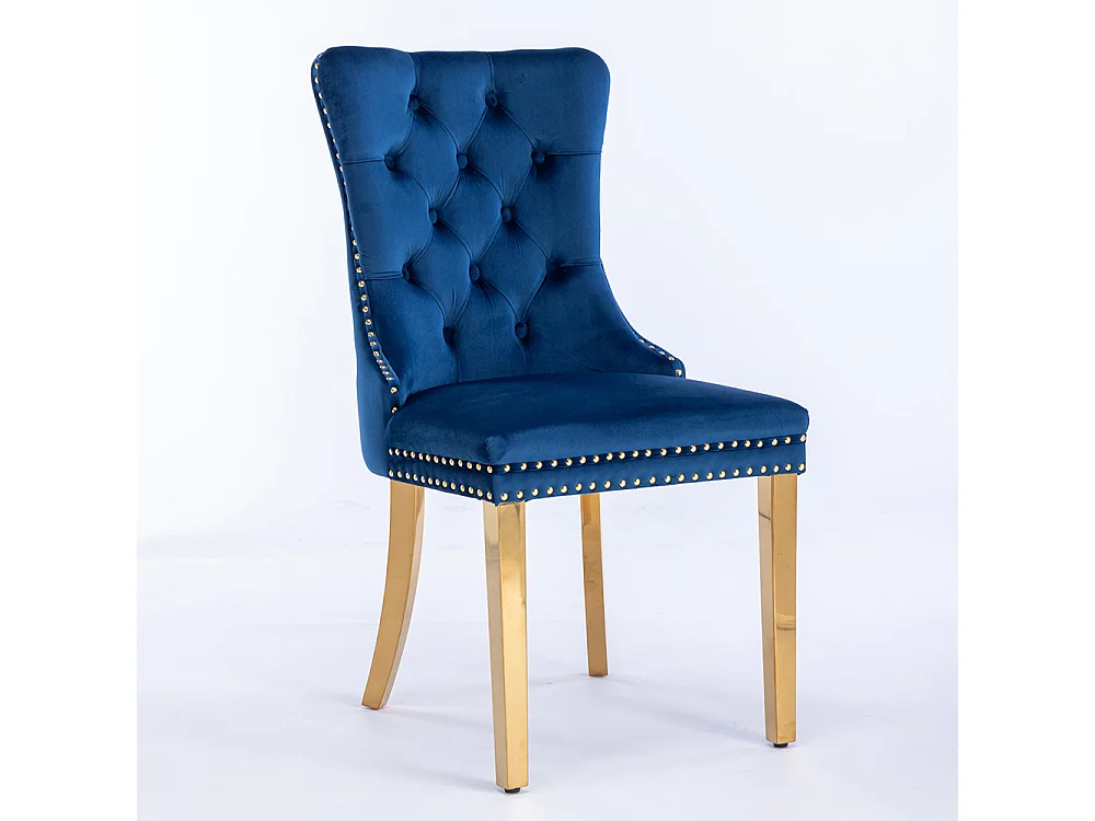 Lot de 2 Chaises de Salle à Manger, Chaise de Cuisine, Dossier à Ailes, Pieds en métal doré, Rembourrée, Bleu velours