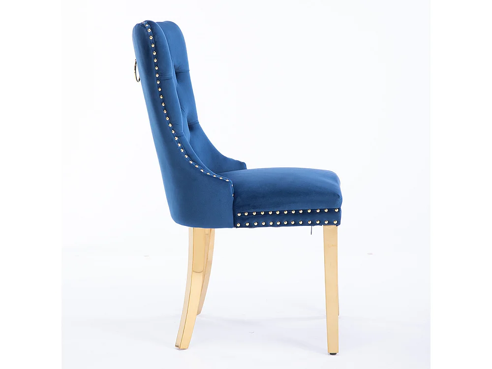 Lot de 2 Chaises de Salle à Manger, Chaise de Cuisine, Dossier à Ailes, Pieds en métal doré, Rembourrée, Bleu velours
