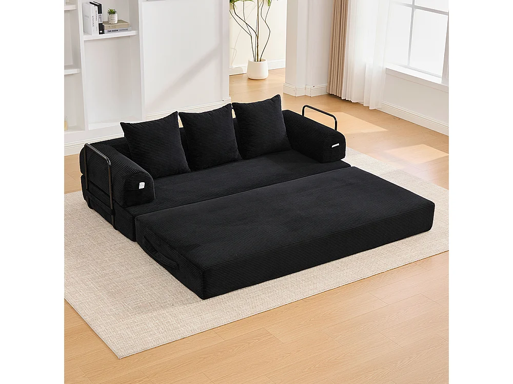 Canapé 2 places en velours côtelé, Canapé lit convertible, Poches latérales et 3 coussins, DIY libre, Structure métal, Noir