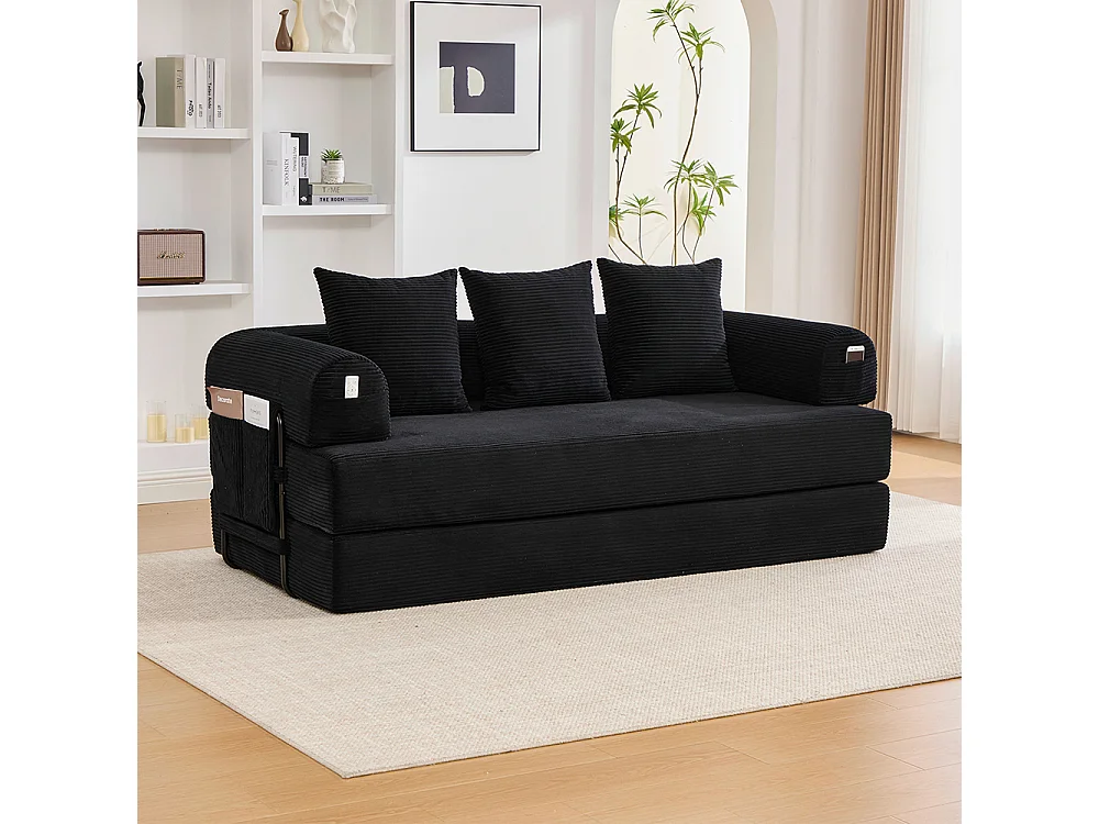 Canapé 2 places en velours côtelé, Canapé lit convertible, Poches latérales et 3 coussins, DIY libre, Structure métal, Noir