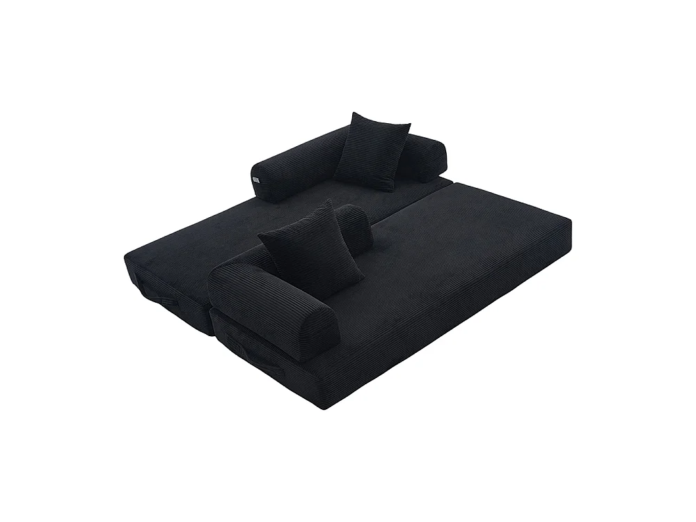 Canapé 2 places en velours côtelé, Canapé lit convertible, Poches latérales et 3 coussins, DIY libre, Structure métal, Noir