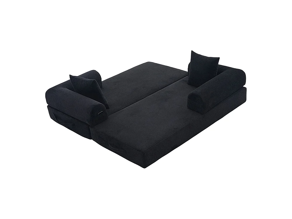 Canapé 2 places en velours côtelé, Canapé lit convertible, Poches latérales et 3 coussins, DIY libre, Structure métal, Noir