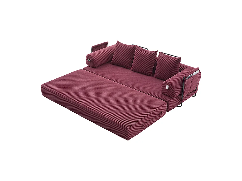 Canapé 2 places en velours côtelé, Canapé lit convertible, Poches latérales et 3 coussins, DIY libre, Structure métal, Rouge vin