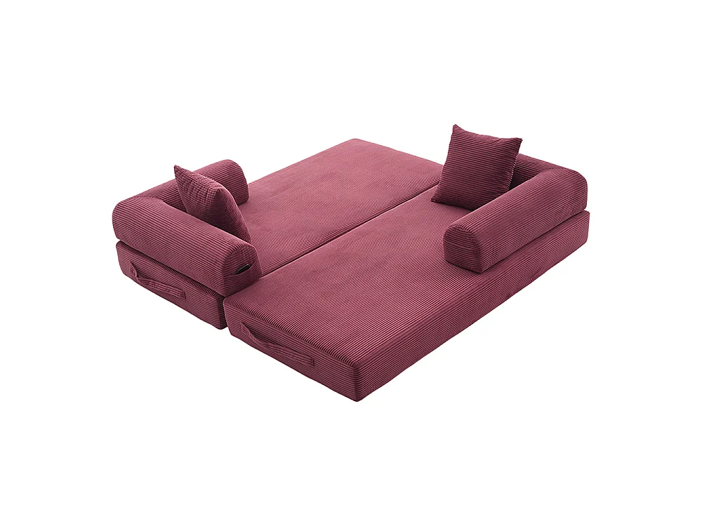 Canapé 2 places en velours côtelé, Canapé lit convertible, Poches latérales et 3 coussins, DIY libre, Structure métal, Rouge vin