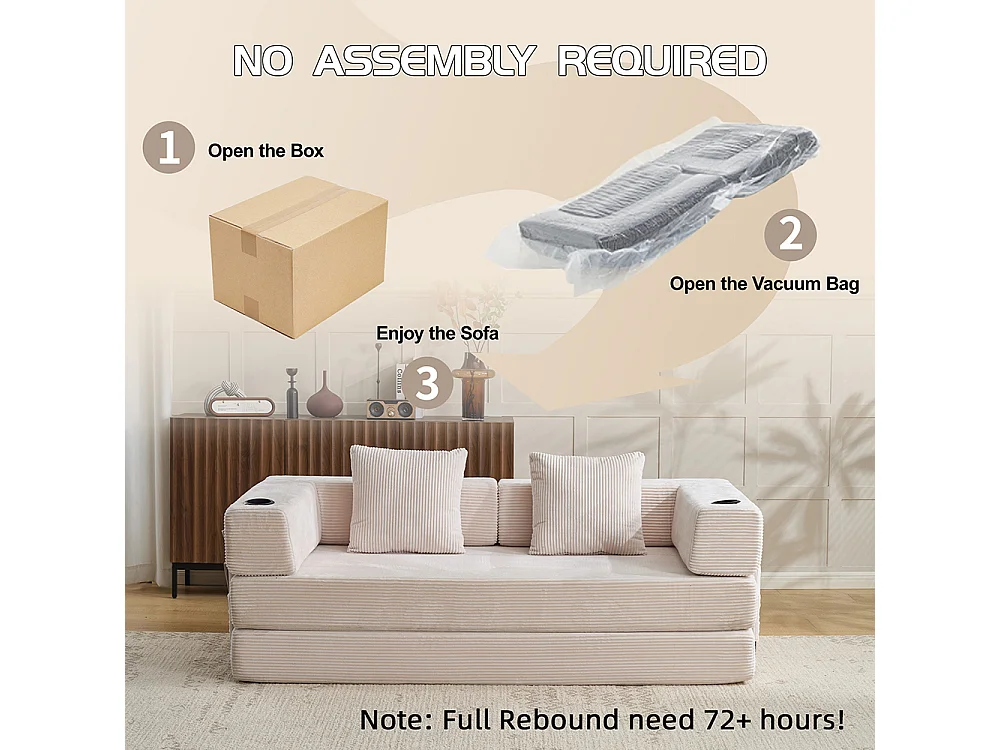 Canapé 2 places avec Porte-gobelet, Poches latérales et 2 coussins, Canapé lit convertible, Structure métal, Tissu velours côtelé, Blanc