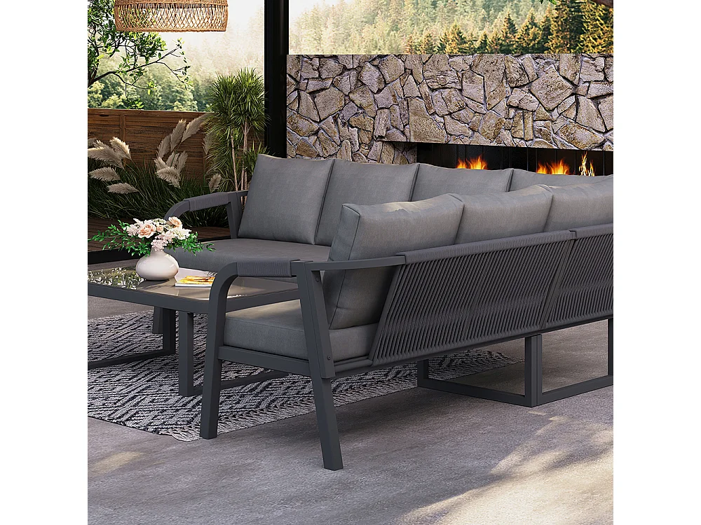 Ensemble de mobilier de jardin - 6 personnes - Accoudoirs tressés - Canapé d'angle & table basse - Gris