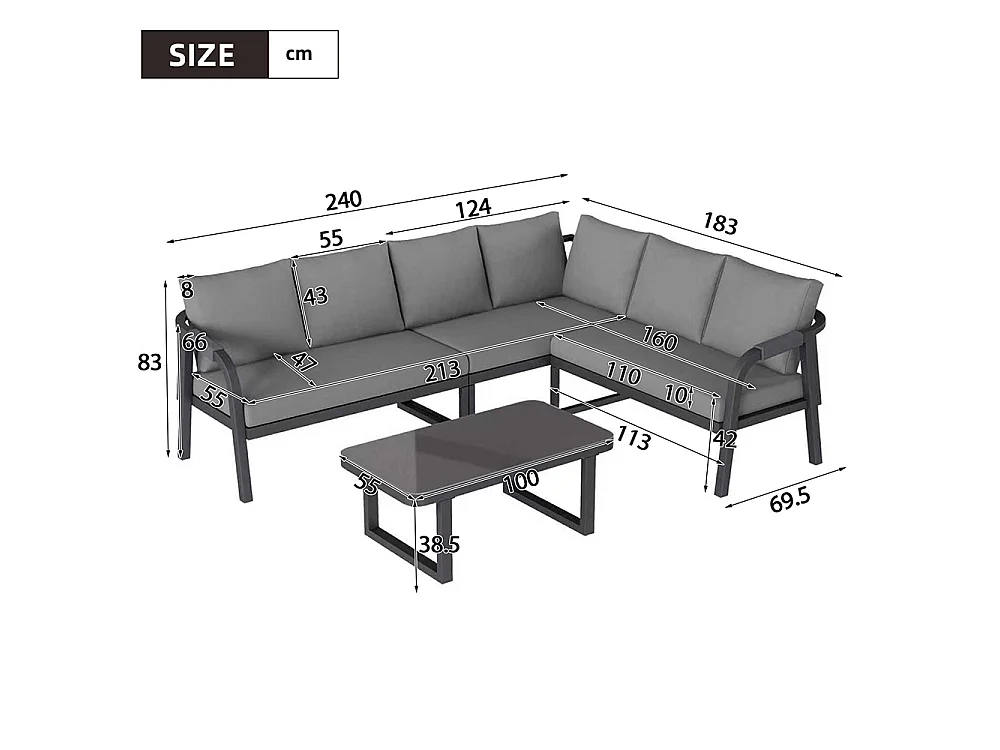 Ensemble de mobilier de jardin - 6 personnes - Accoudoirs tressés - Canapé d'angle & table basse - Gris