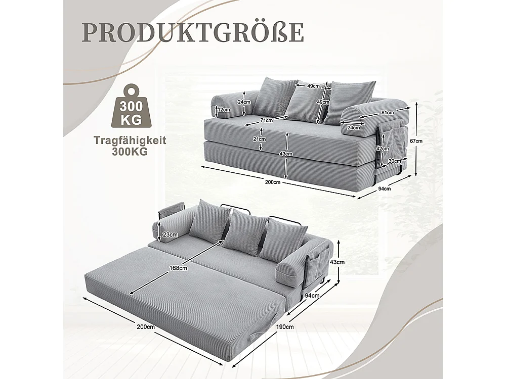 Canapé 2 places en velours côtelé, Canapé lit convertible, Poches latérales et 3 coussins, DIY libre, Structure métal, Gris clair