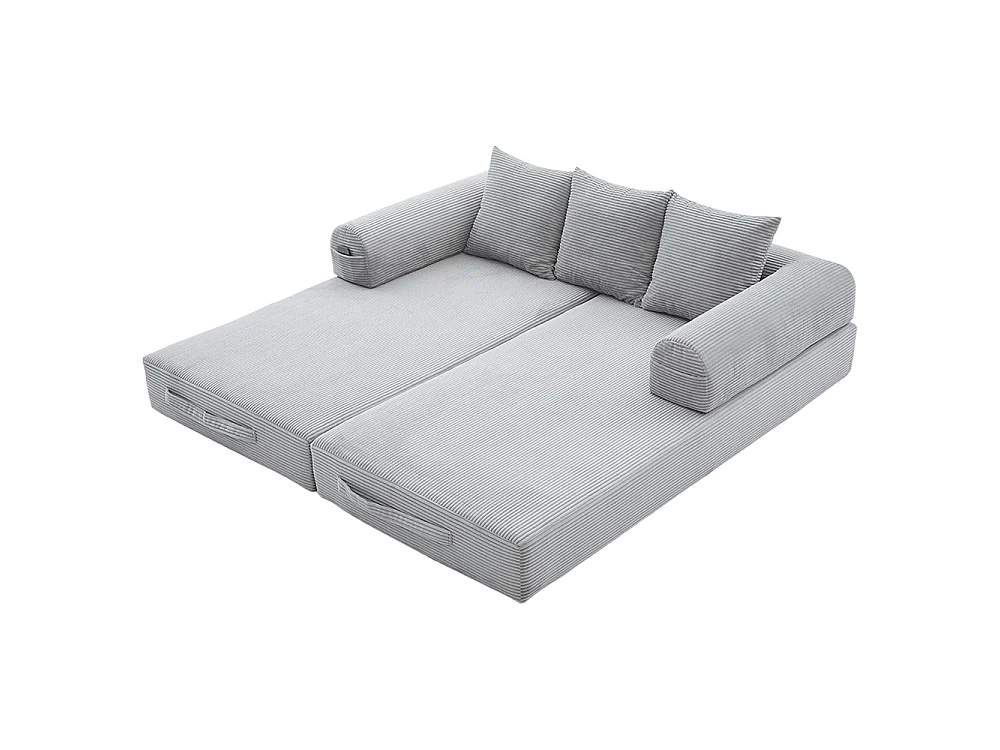 Canapé 2 places en velours côtelé, Canapé lit convertible, Poches latérales et 3 coussins, DIY libre, Structure métal, Gris clair