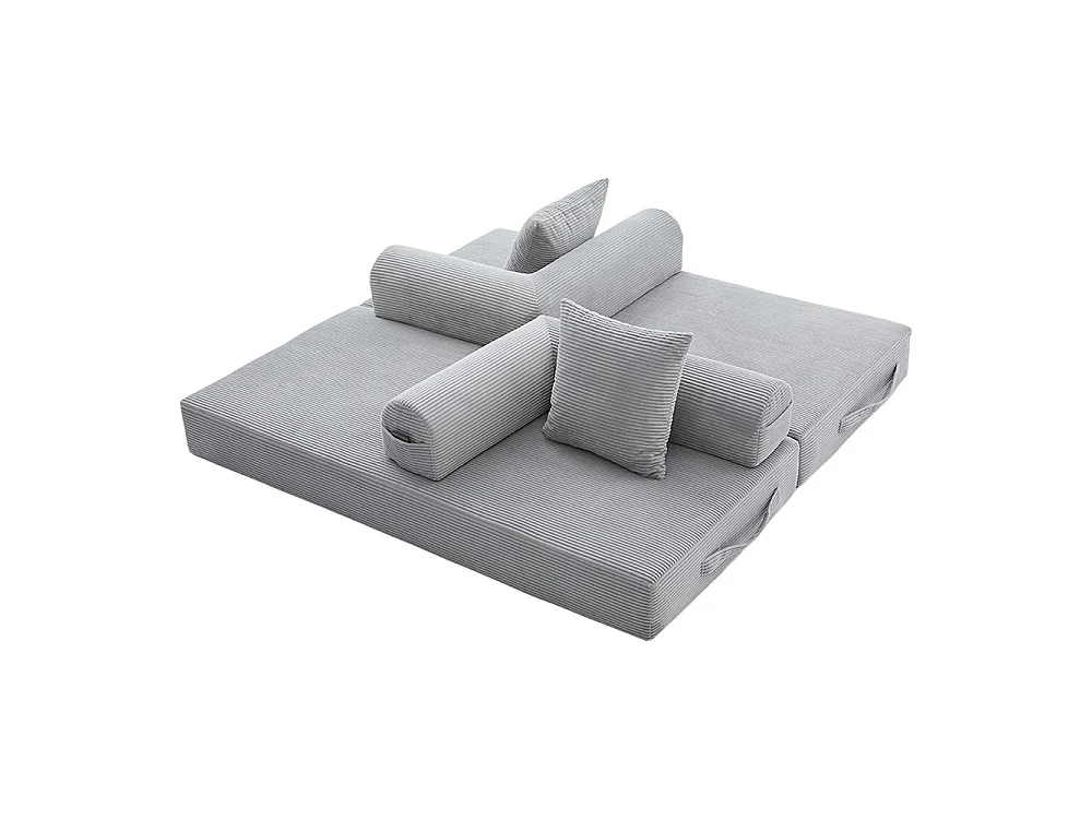 Canapé 2 places en velours côtelé, Canapé lit convertible, Poches latérales et 3 coussins, DIY libre, Structure métal, Gris clair