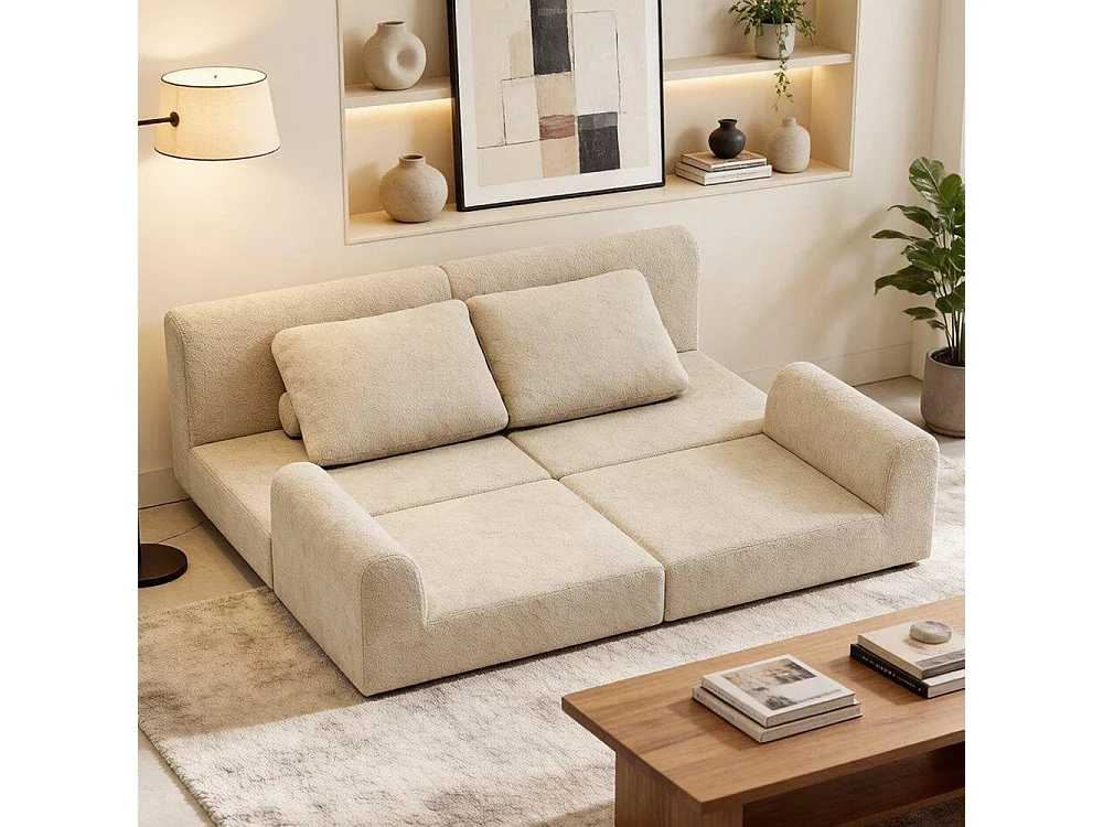 Canapé convertible 2 places avec coussin, Canapé-lit avec accoudoirs, Fauteuil convertible, Tissu flanelle, pour salon et chambre à coucher, Blanc