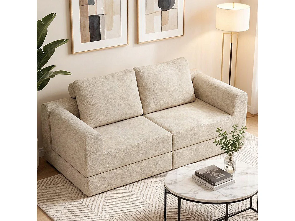 Canapé convertible 2 places avec coussin, Canapé-lit avec accoudoirs, Fauteuil convertible, Tissu flanelle, pour salon et chambre à coucher, Blanc