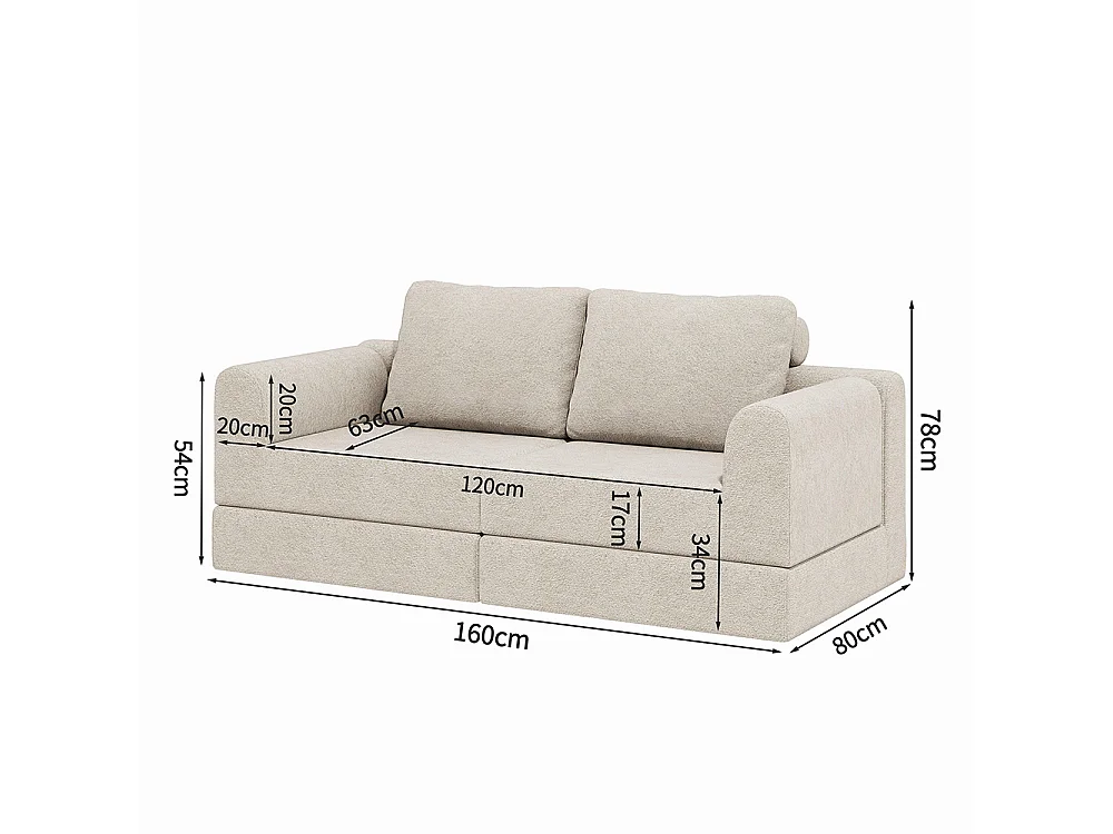 Canapé convertible 2 places avec coussin, Canapé-lit avec accoudoirs, Fauteuil convertible, Tissu flanelle, pour salon et chambre à coucher, Blanc