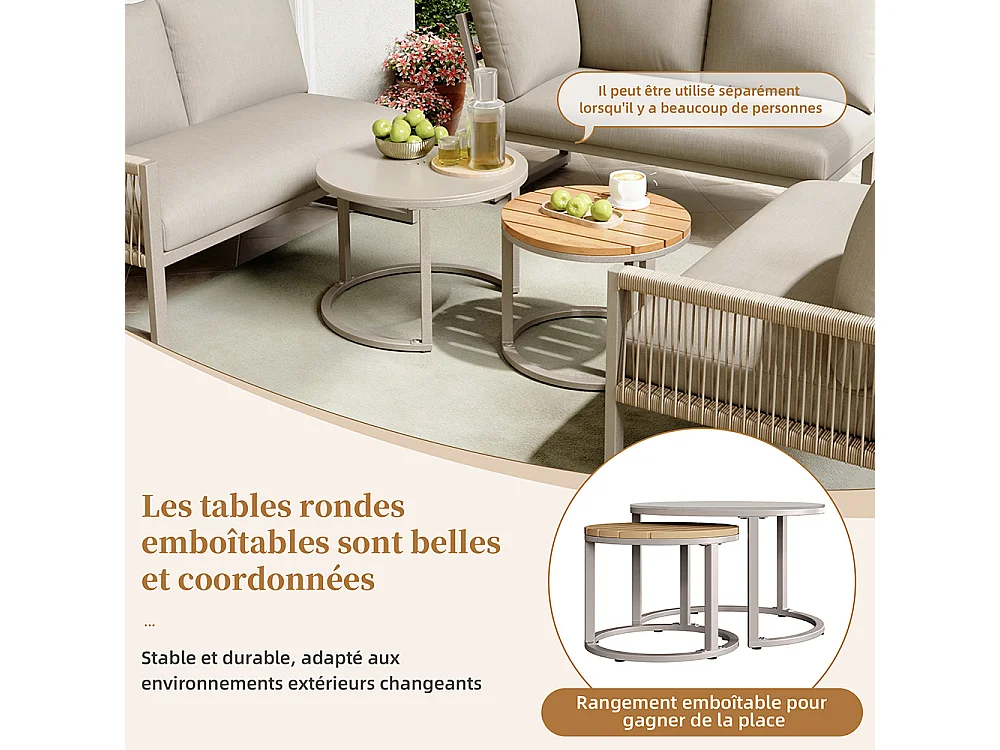 Ensemble de salon de jardin - 6-7 places - Canapé d'angle - en fer galvanisé - 2 tables gigognes - Pieds réglables - Beige