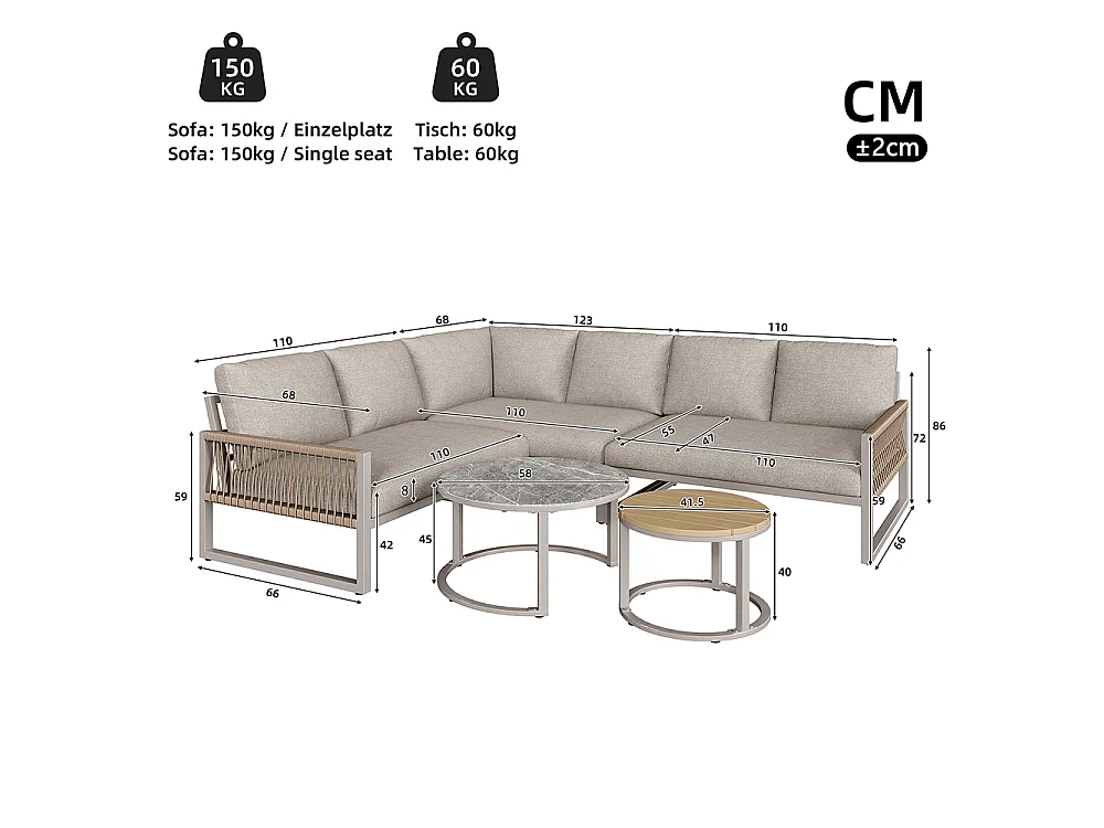 Ensemble de salon de jardin - 6-7 places - Canapé d'angle - en fer galvanisé - 2 tables gigognes - Pieds réglables - Beige