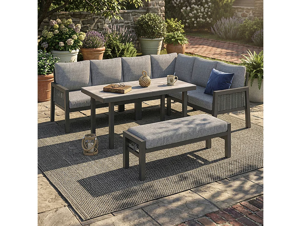 Ensemble de mobilier de jardin - 8 places - Table 140x70 cm verre - Canapé d'angle + banquette - Structure métal gris