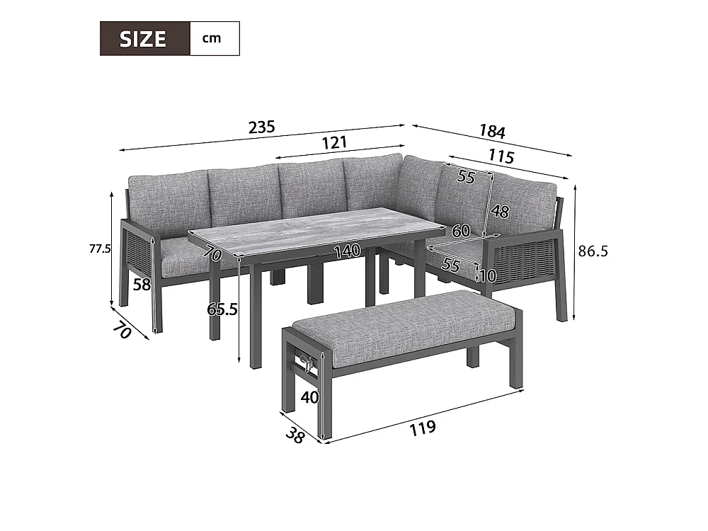 Ensemble de mobilier de jardin - 8 places - Table 140x70 cm verre - Canapé d'angle + banquette - Structure métal gris