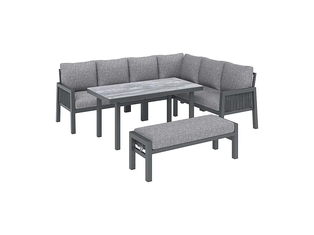 Ensemble de mobilier de jardin - 8 places - Table 140x70 cm verre - Canapé d'angle + banquette - Structure métal gris