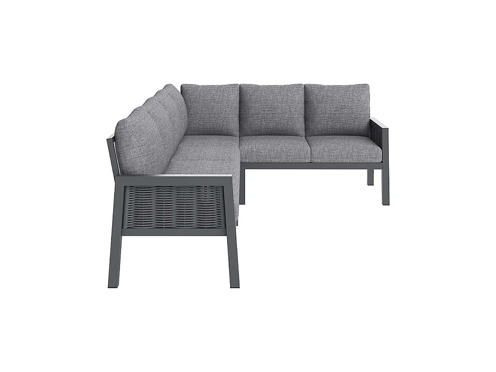 Ensemble de mobilier de jardin - 8 places - Table 140x70 cm verre - Canapé d'angle + banquette - Structure métal gris