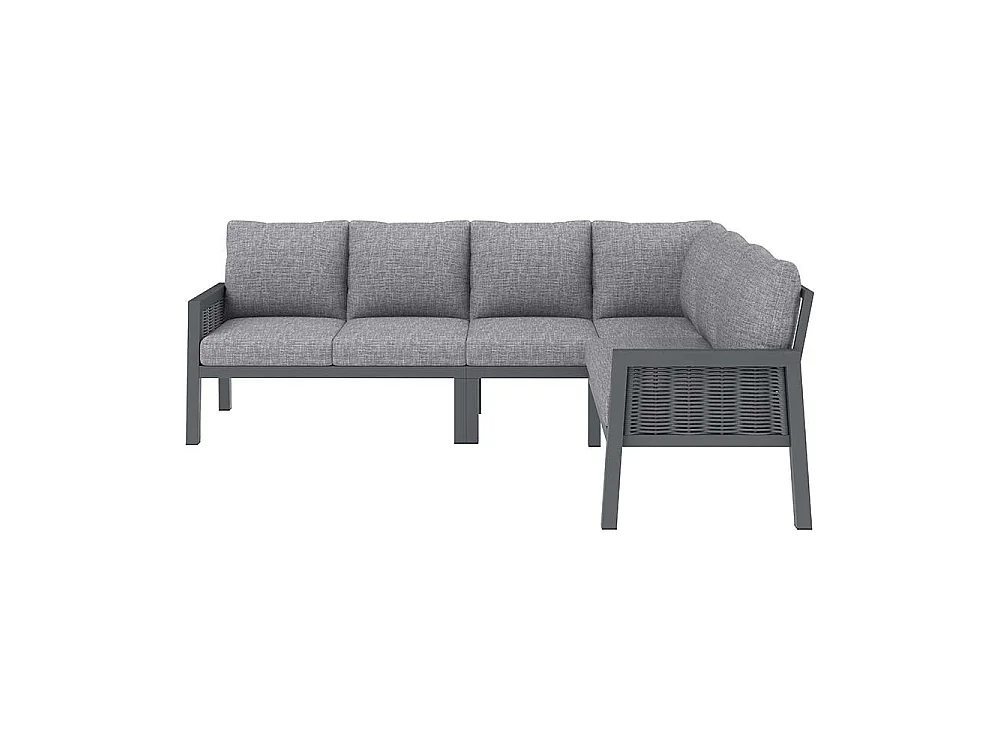 Ensemble de mobilier de jardin - 8 places - Table 140x70 cm verre - Canapé d'angle + banquette - Structure métal gris