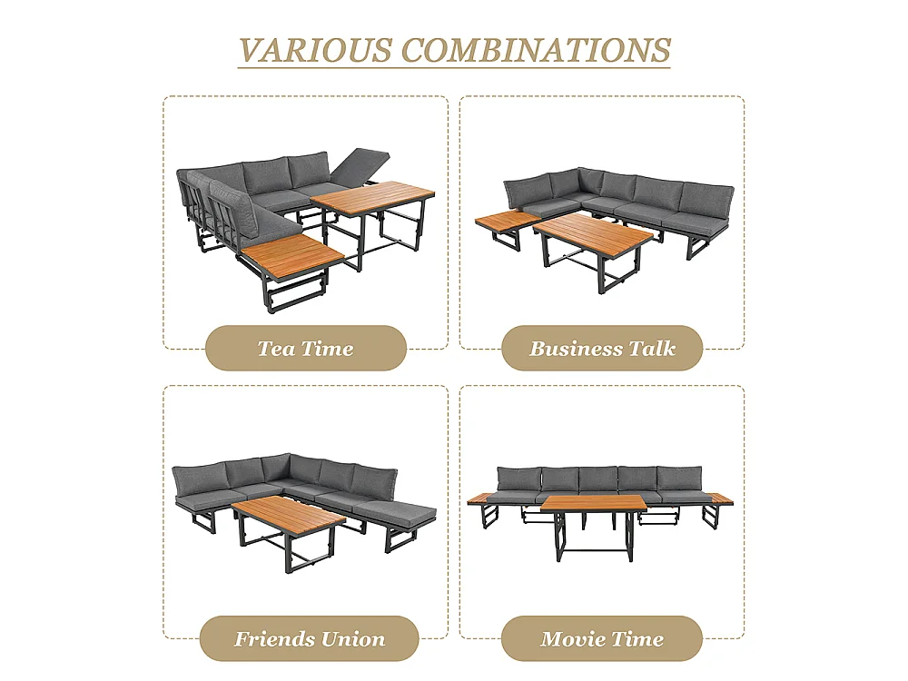 Salon de jardin multifonctionnel, 6 places, 2 canapés et 1 table réglable en hauteur, Dossier réglable, Bois d'acacia, Coussin, Gris