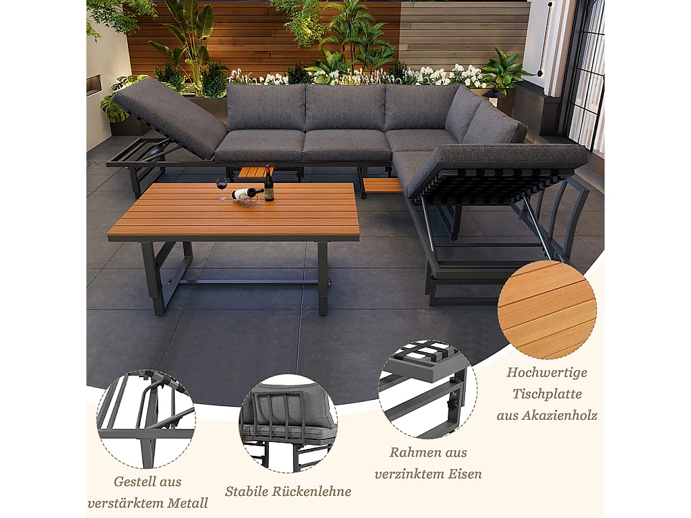Salon de jardin multifonctionnel, 6 places, 2 canapés et 1 table réglable en hauteur, Dossier réglable, Bois d'acacia, Coussin, Gris