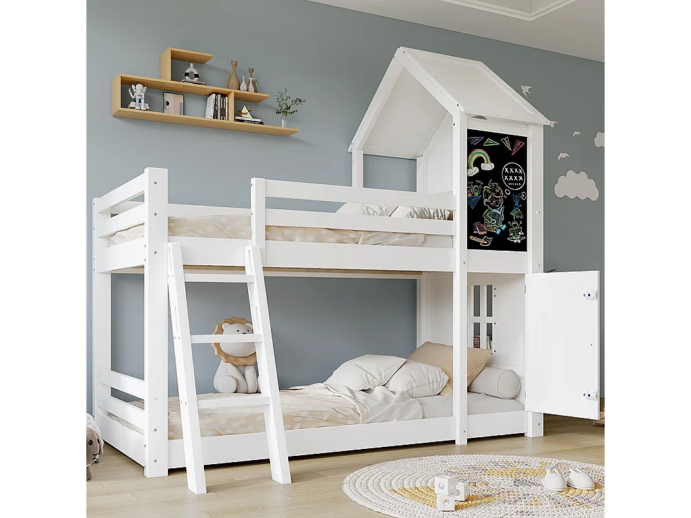 Lit superposé cabane pour enfant 90 x 200 cm - avec petite porte - tableau noir - fenêtre - échelle - bois massif - blanc