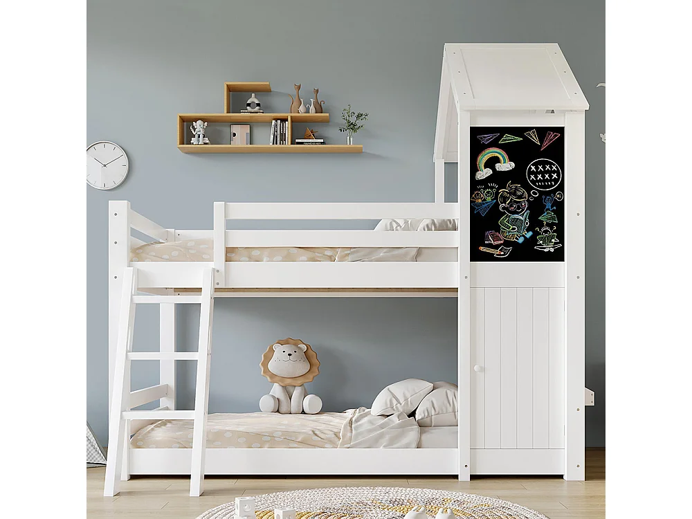 Lit superposé cabane pour enfant 90 x 200 cm - avec petite porte - tableau noir - fenêtre - échelle - bois massif - blanc