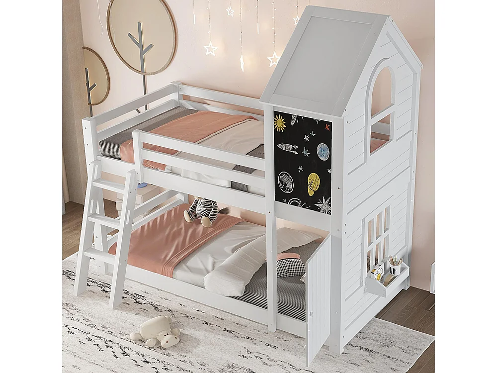 Lit superposé cabane pour enfant 90 x 200 cm - avec petite porte - tableau noir - fenêtre - échelle - bois massif - blanc