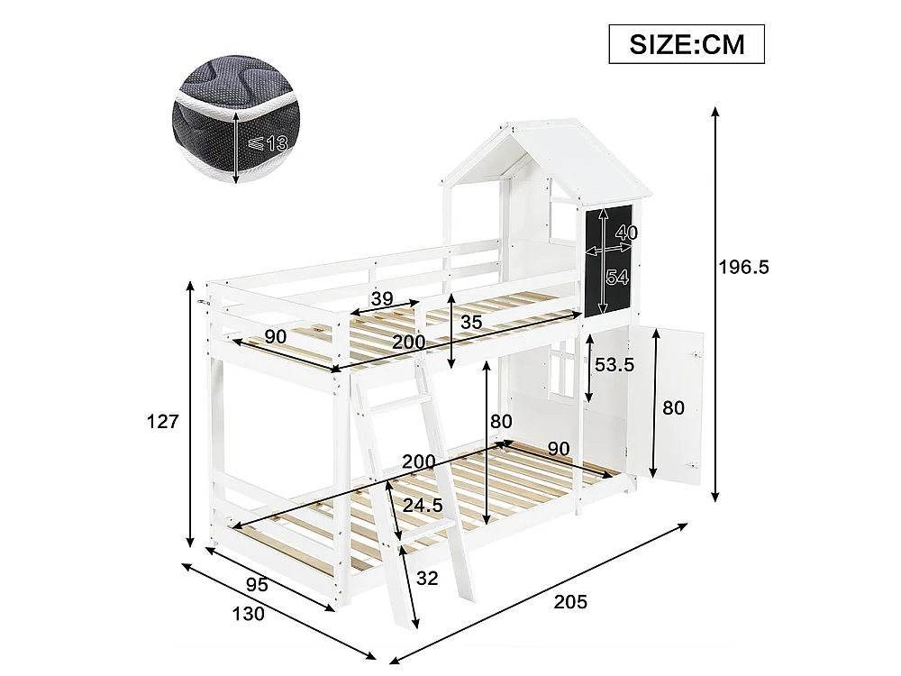 Lit superposé cabane pour enfant 90 x 200 cm - avec petite porte - tableau noir - fenêtre - échelle - bois massif - blanc