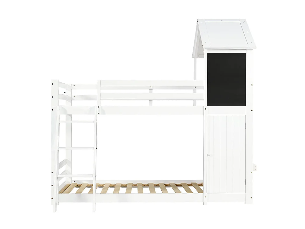 Lit superposé cabane pour enfant 90 x 200 cm - avec petite porte - tableau noir - fenêtre - échelle - bois massif - blanc