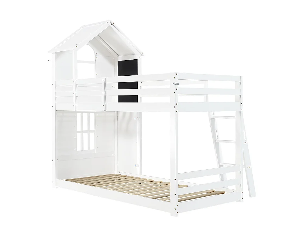Lit superposé cabane pour enfant 90 x 200 cm - avec petite porte - tableau noir - fenêtre - échelle - bois massif - blanc